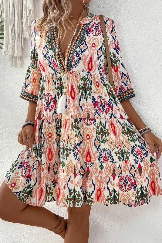 Boho rainbow v-neck mini dress