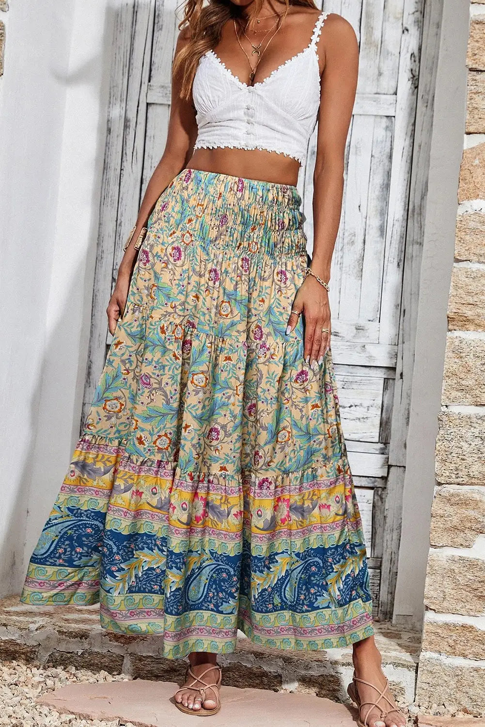 Boho skirt - long floral & paisley print shirred waist - skirts