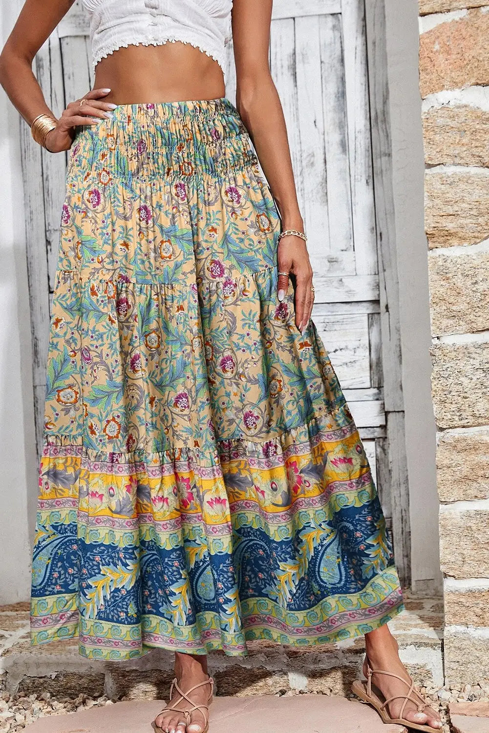 Boho skirt - long floral & paisley print shirred waist - sky blue / s / 100% viscose - skirts
