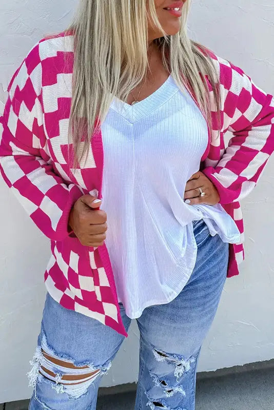 Bonbon checkered pattern open front plus size cardigan - 1x / 55% acrylic + 45% cotton