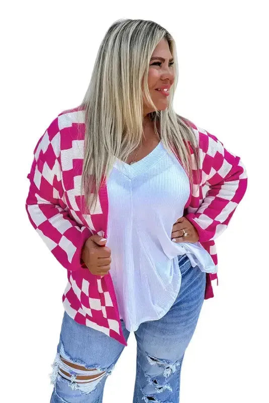 Bonbon Checkered Pattern Open Front Plus Size Cardigan - Fashionfitz