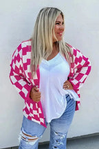 Bonbon Checkered Pattern Open Front Plus Size Cardigan - Fashionfitz