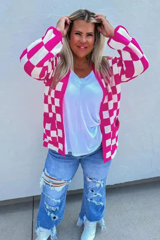 Bonbon Checkered Pattern Open Front Plus Size Cardigan - Fashionfitz