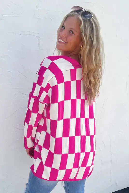 Bonbon checkered pattern open front plus size cardigan