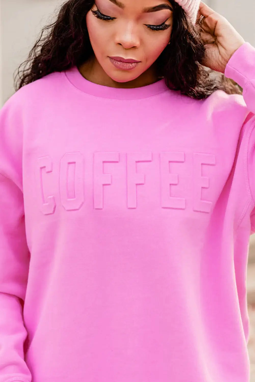 Bonbon coffee letter embossed casual sweatshirt - tops