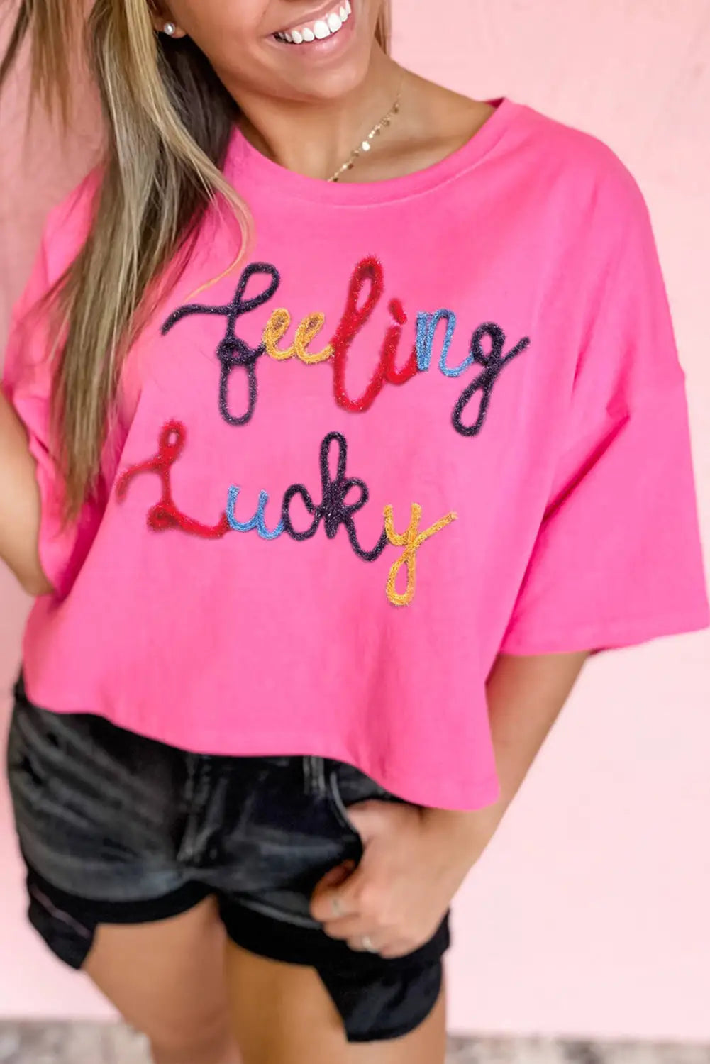 Bonbon feeling lucky embroidered letter graphic half sleeve top - s / 95% cotton + 5% elastane - tops