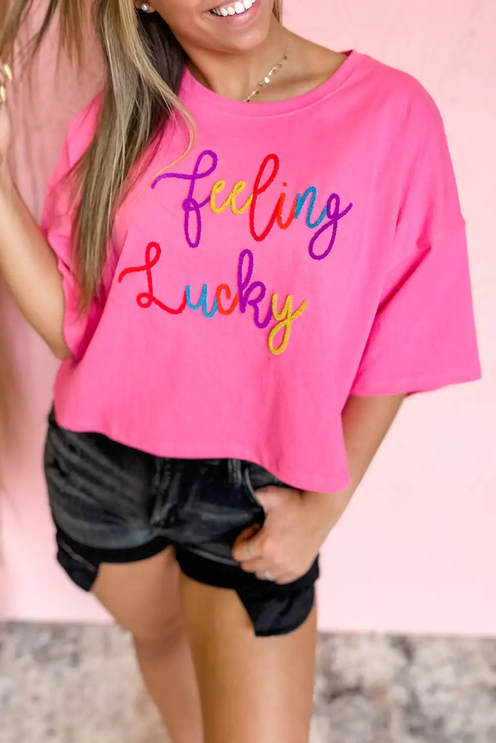Bonbon feeling lucky embroidered letter graphic half sleeve top - tops