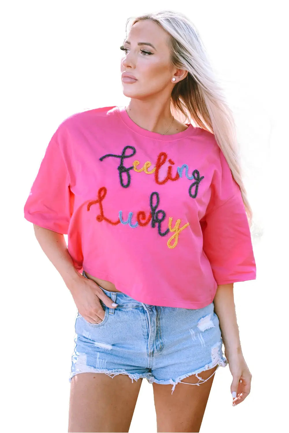 Bonbon feeling lucky embroidered letter graphic half sleeve top - tops