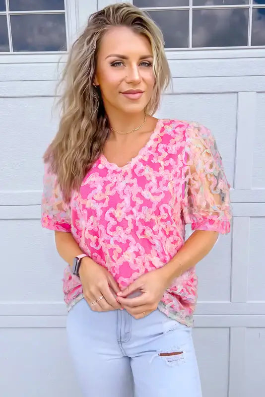 Bonbon flowery mesh puff sleeve blouse - floral blouses