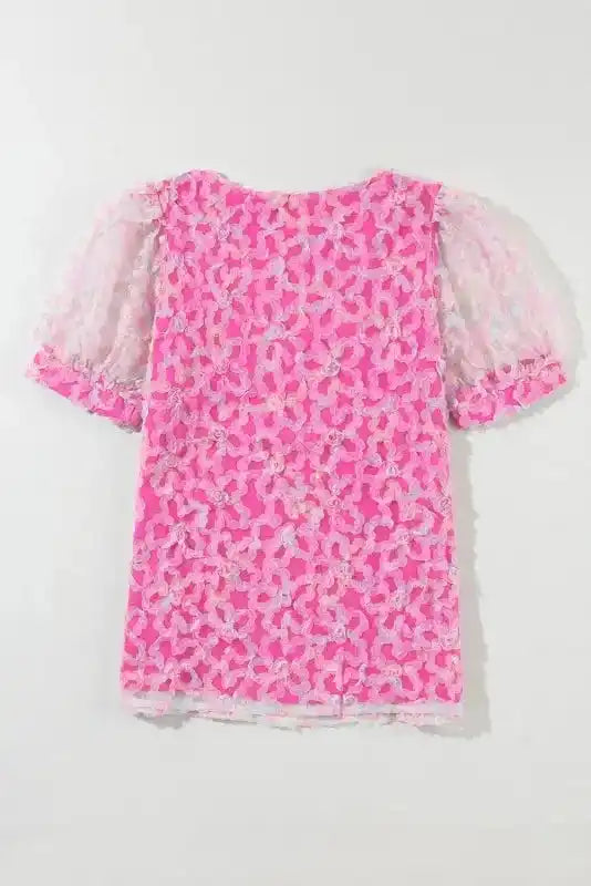 Bonbon Flowery Mesh Puff Sleeve Blouse - Fashionfitz