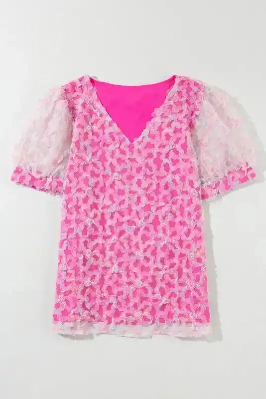 Bonbon Flowery Mesh Puff Sleeve Blouse - Fashionfitz