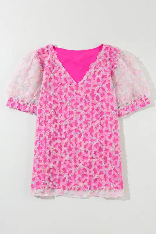 Bonbon flowery mesh puff sleeve blouse - floral blouses