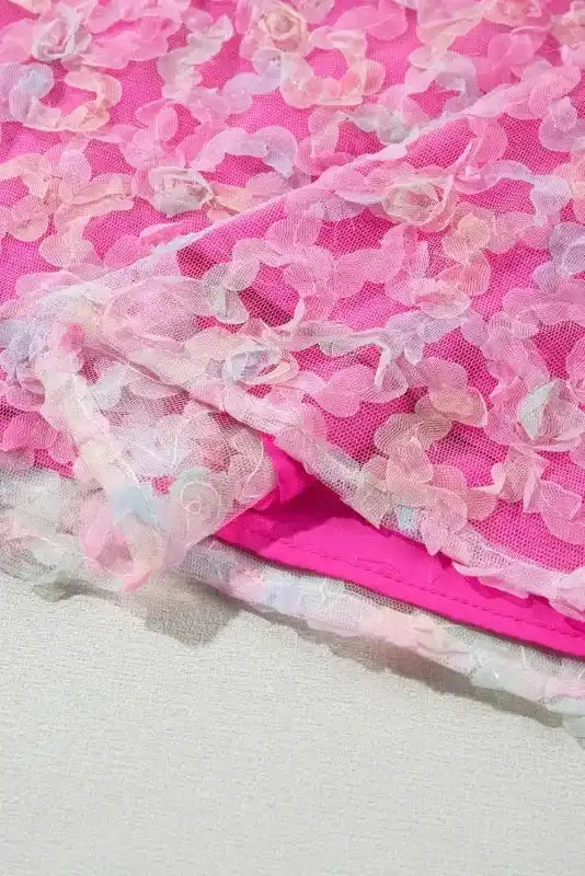 Bonbon pink Flowery Mesh Puff Sleeve V-Neck Blouse styled as a romantic occasion outfit — Fashionfitz