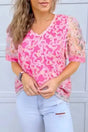 Flowery Mesh Puff Sleeve V-Neck Blouse Women UK in bonbon pink — front view showing floral mesh fabric and puff sleeve silhouette — Fashionfitz