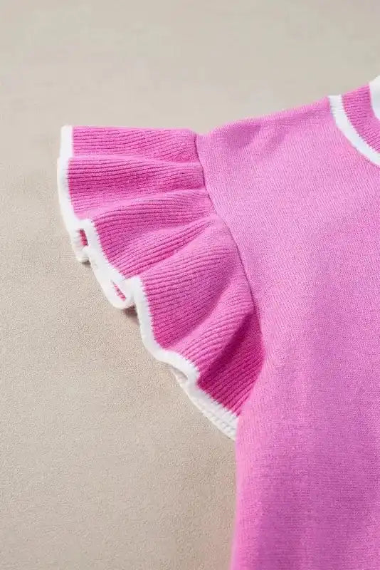 Bonbon Knit Top - Edge Piping Ruffled Sleeve Round Neck - Fashionfitz