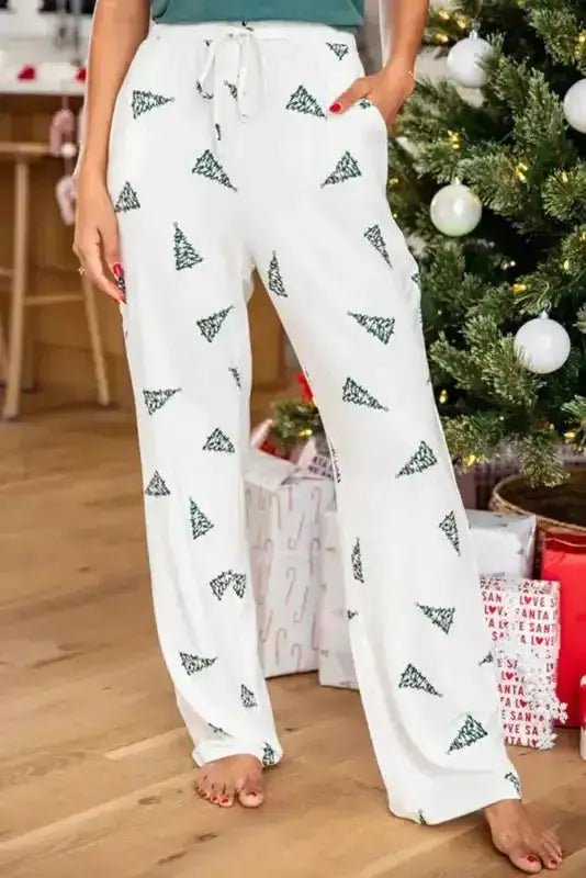 Skobeloff Christmas print lounge set with tee and pants. Soft, stretchy fabric for festive comfort and style. - Fashionfitz