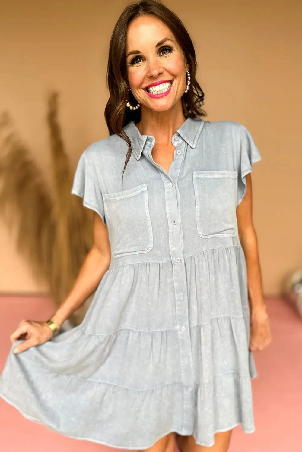 Bonbon mineral washed ruffle sleeve tiered chambray dress - dresses