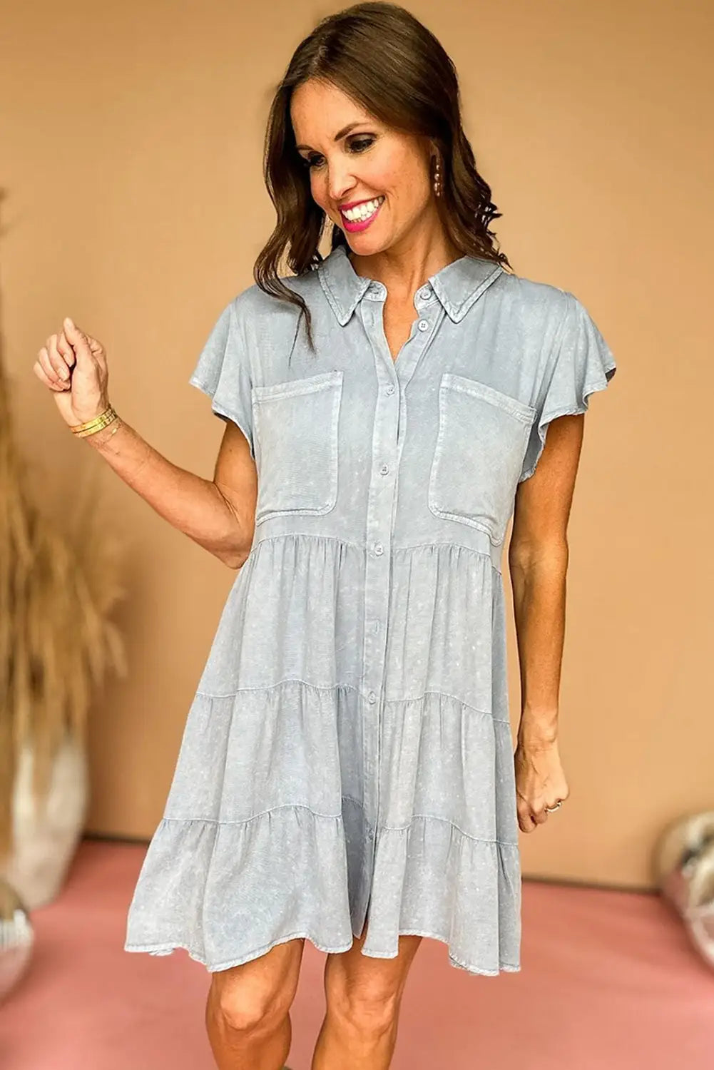 Bonbon mineral washed ruffle sleeve tiered chambray dress - dresses