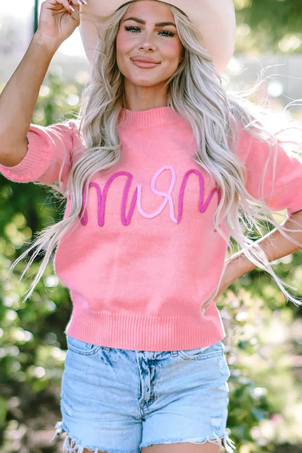 Bonbon mom tinsel front short sleeve sweater - tops