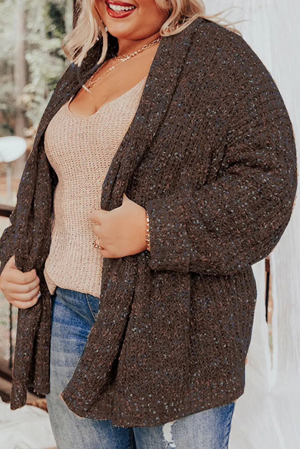 Bonbon open front knit plus size cozy cardigan - chicory coffee / 1x / 100% polyester