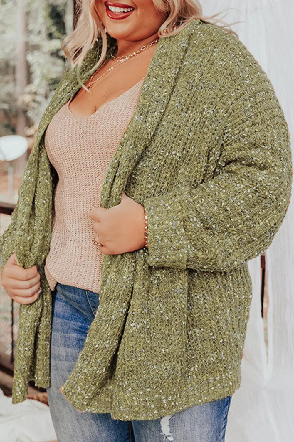 Bonbon open front knit plus size cozy cardigan - sage green / 1x / 100% polyester