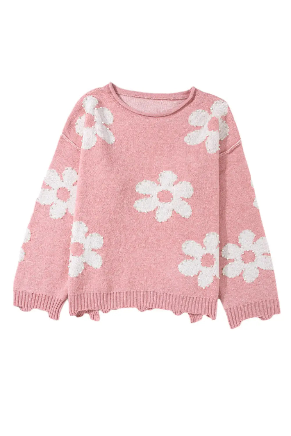 Bonbon pearl beaded floral drop shoulder sweater - sweaters & cardigans