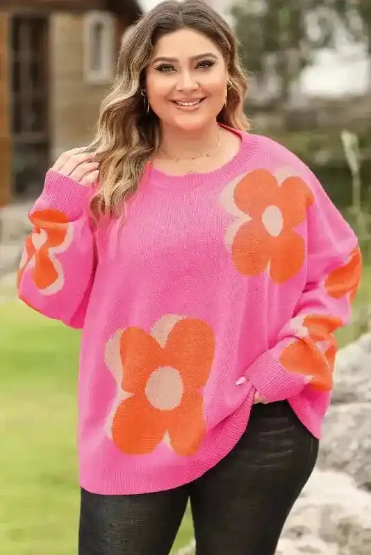 Front view of Bonbon Plus floral sweater with round neckline and playful floral design, perfect for versatile plus-size outfits.