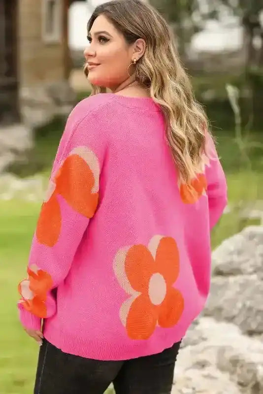 Side-back angle of Bonbon Plus floral sweater highlighting soft knit texture and loose silhouette for stylish comfort.