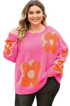 Bonbon Plus Size Flower Pattern Drop Shoulder Sweater - Fashionfitz