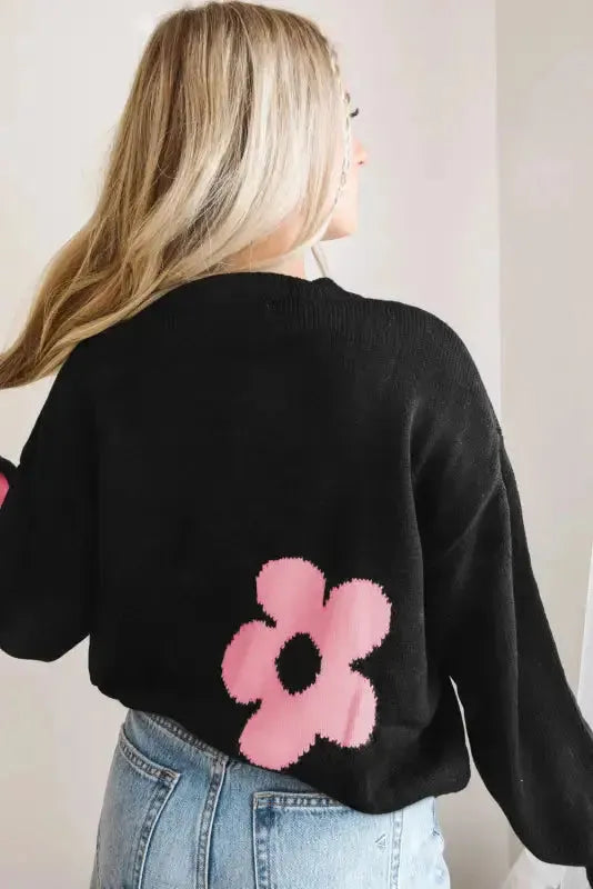 Bonbon Plus Size Flower Pattern Drop Shoulder Sweater - Fashionfitz