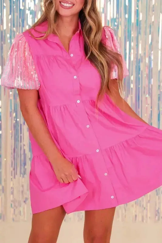 Bonbon Sequined Bubble Sleeve Tiered Ruffled Shirt Dress - Fashionfitz
