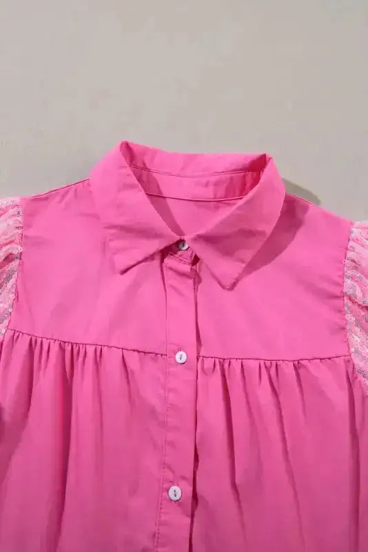 Close-up of Bonbon Pink Sequined Shirt Dress collar and upper bodice, showcasing crisp tailoring and gathered detailing.