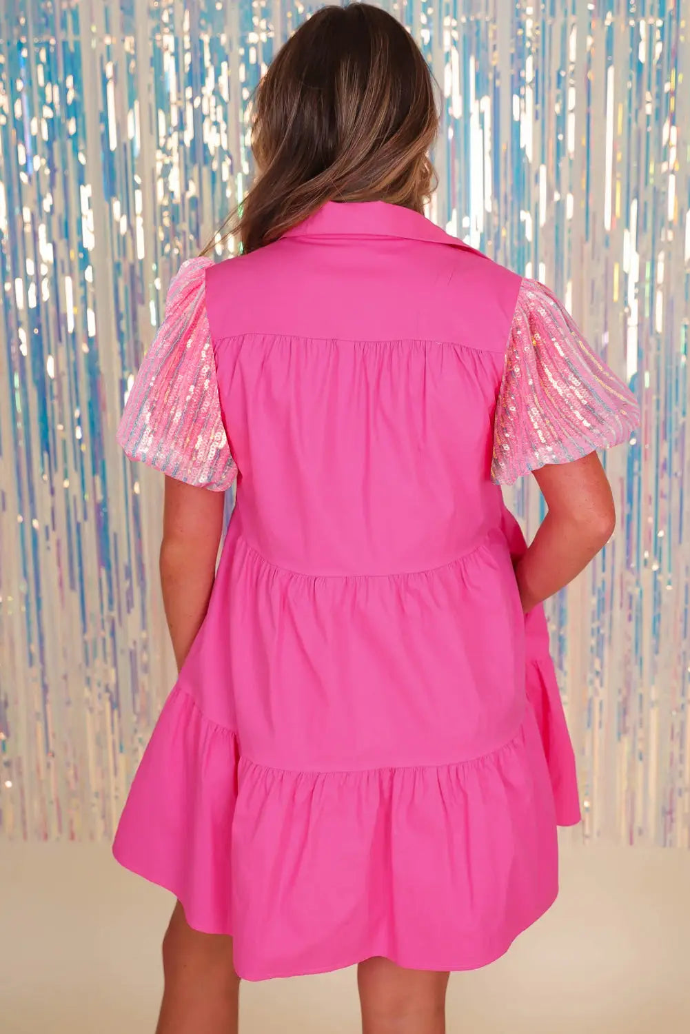 Bonbon sequined bubble sleeve tiered ruffled shirt dress - dresses