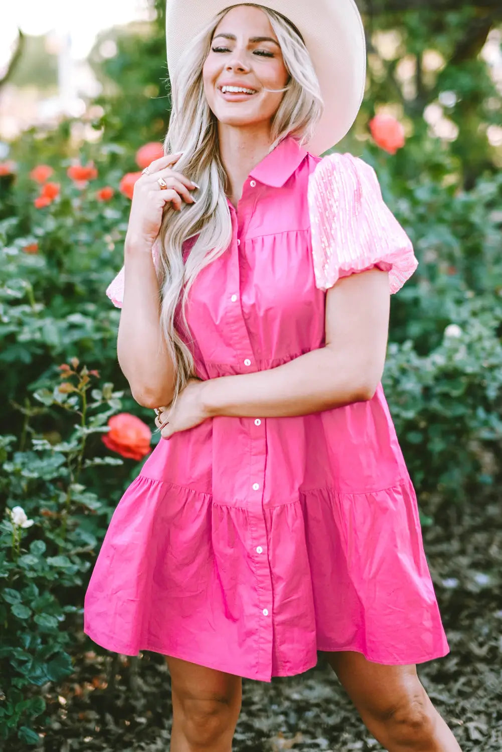 Bonbon sequined bubble sleeve tiered ruffled shirt dress - dresses
