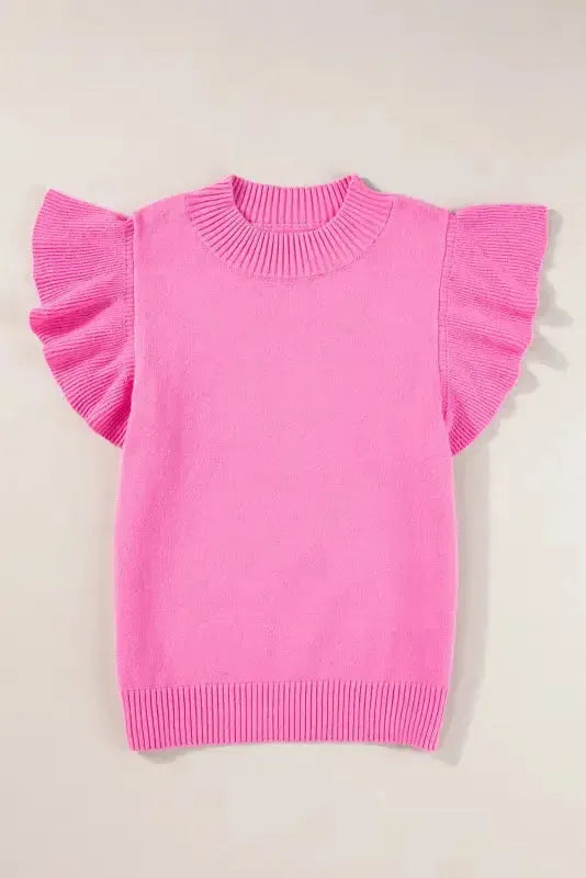 Bonbon Short Sleeve Sweater - Ribbed Mock Neck Ruffled - Fashionfitz