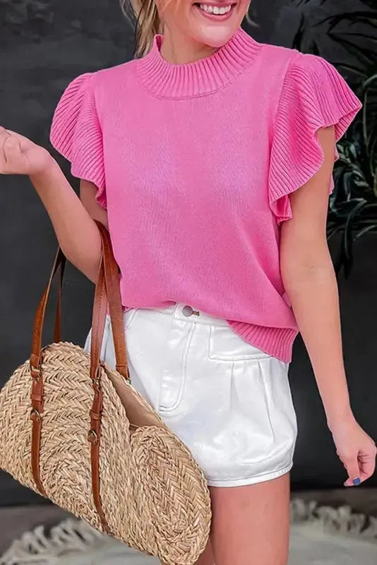 Bonbon Short Sleeve Sweater - Ribbed Mock Neck Ruffled - Fashionfitz