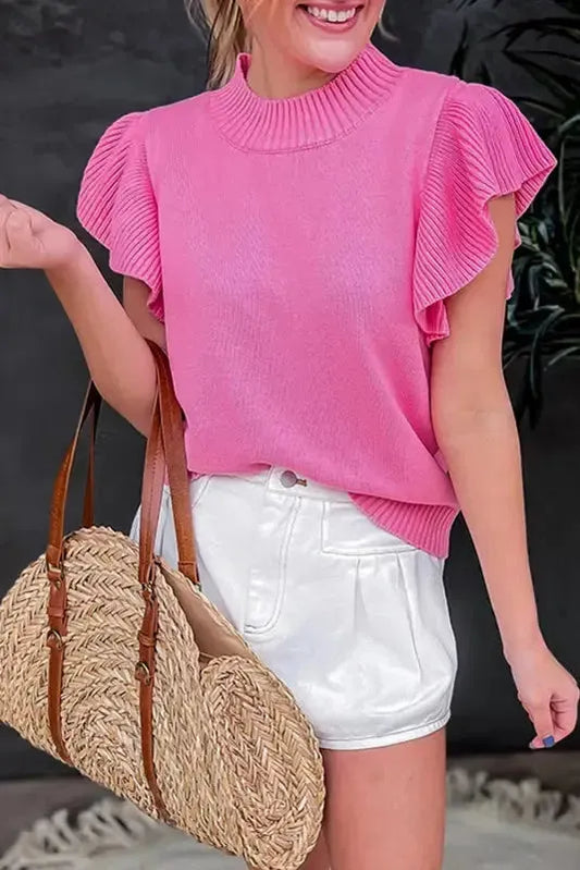 Bonbon Short Sleeve Sweater - Ribbed Mock Neck Ruffled - Fashionfitz