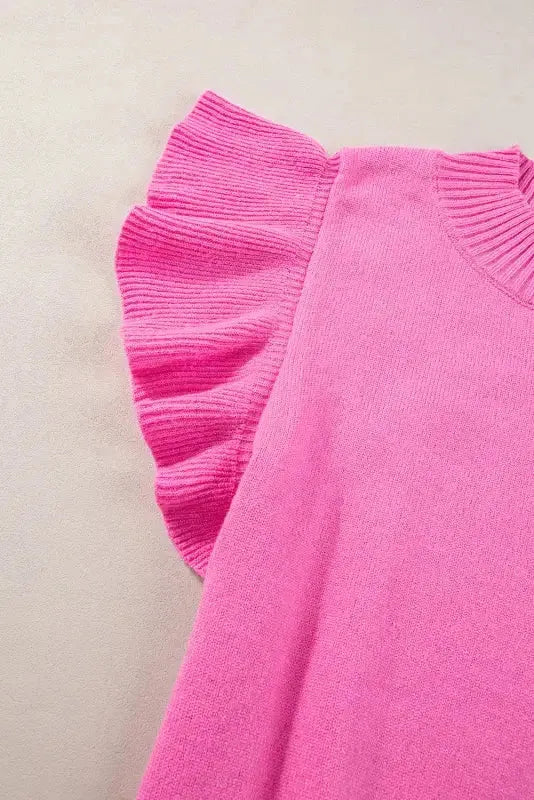 Bonbon Short Sleeve Sweater - Ribbed Mock Neck Ruffled - Fashionfitz