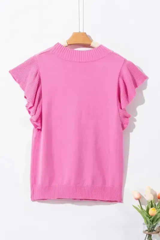 Bonbon Short Sleeve Sweater - Ribbed Mock Neck Ruffled - Fashionfitz