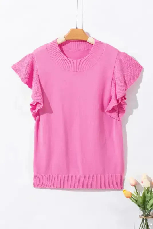Bonbon Short Sleeve Sweater - Ribbed Mock Neck Ruffled - Fashionfitz