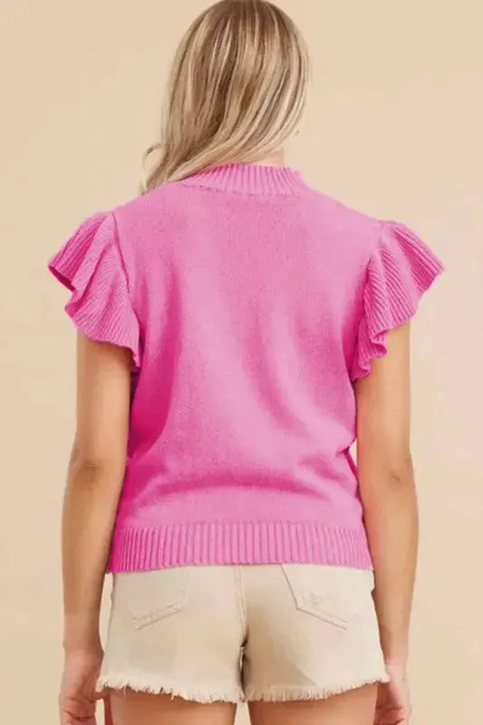 Bonbon Short Sleeve Sweater - Ribbed Mock Neck Ruffled - Fashionfitz