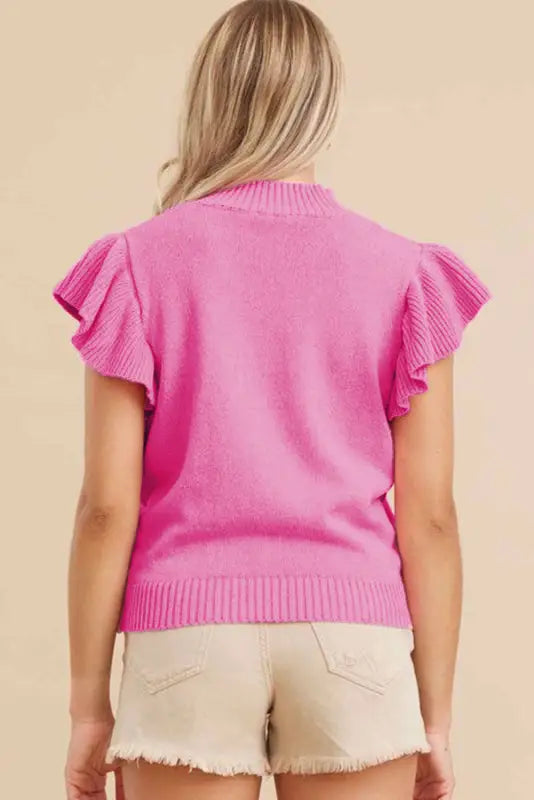 Bonbon short sleeve sweater - ribbed mock neck ruffled