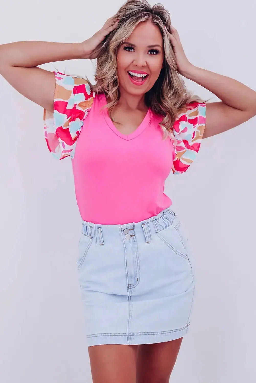 Bonbon V Neck Printed Ruffle Sleeve Patchwork T-shirt - Fashionfitz
