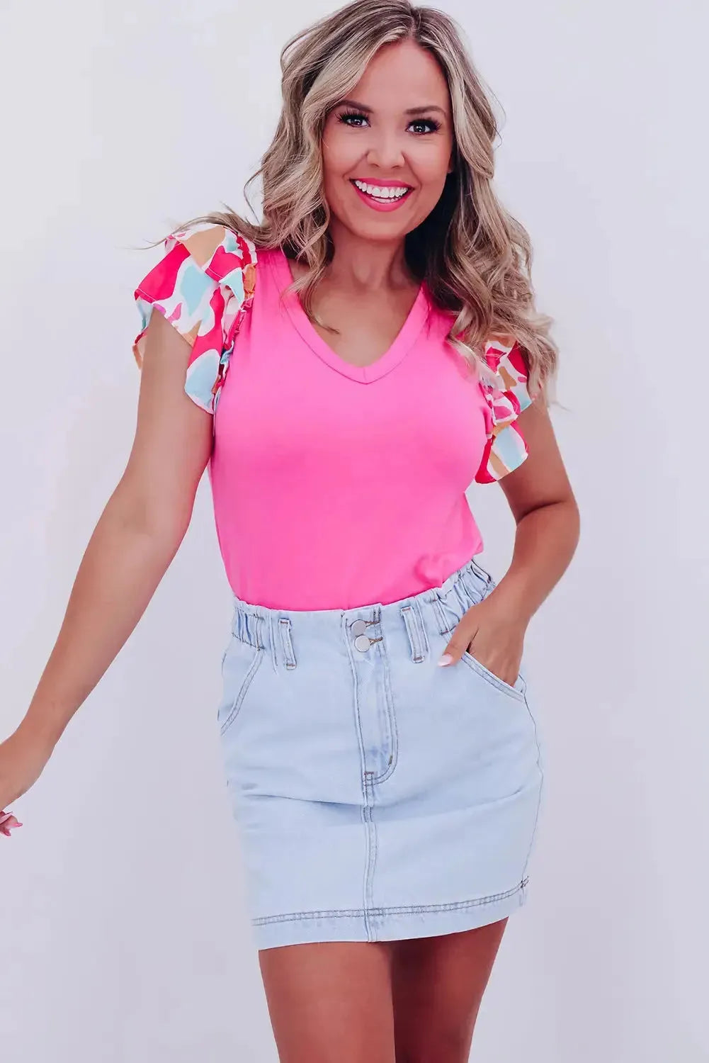 Bonbon V Neck Printed Ruffle Sleeve Patchwork T-shirt - Fashionfitz
