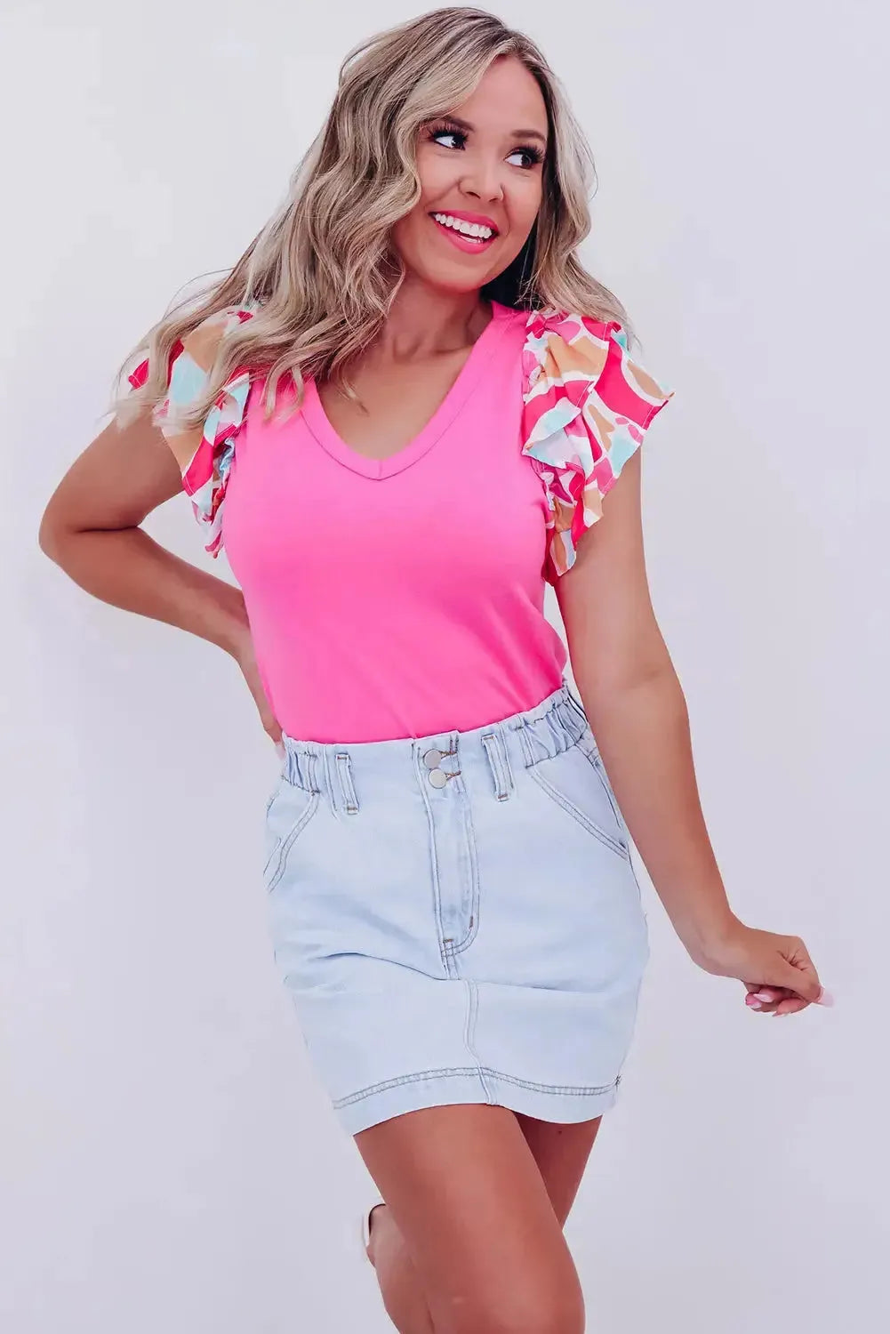 Bonbon V Neck Printed Ruffle Sleeve Patchwork T-shirt - Fashionfitz