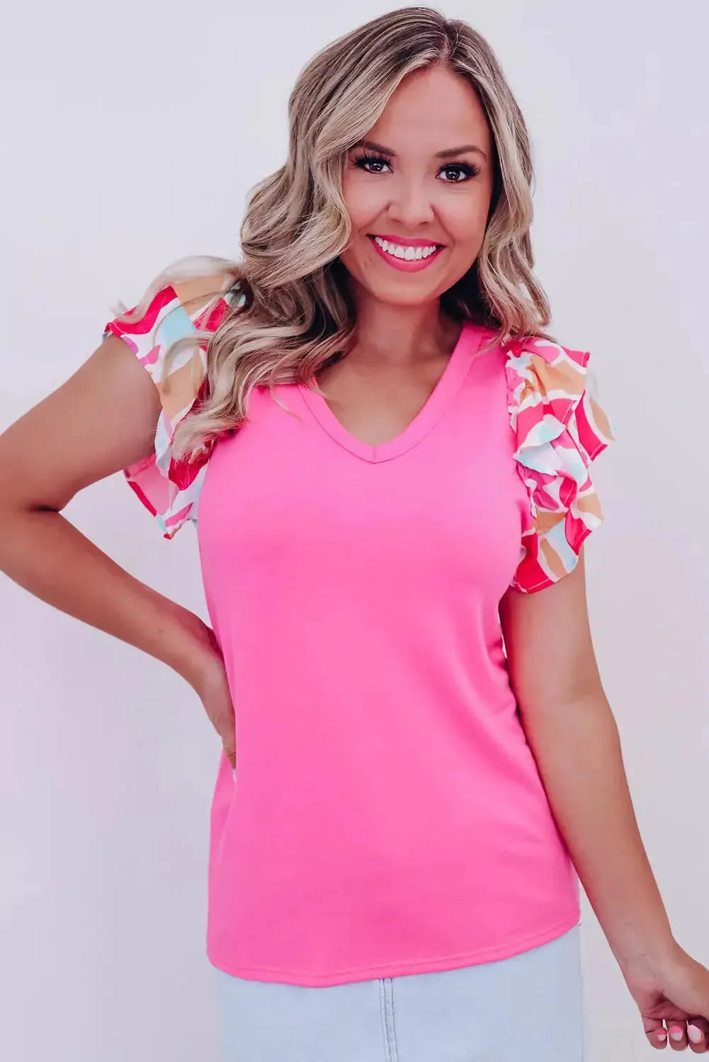 Bonbon V Neck Printed Ruffle Sleeve Patchwork T-shirt - Fashionfitz