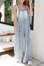 Beau Blue Light Wash Frayed Exposed Seam Wide Leg Denim Overall - Fashionfitz