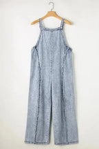 Beau Blue Light Wash Frayed Exposed Seam Wide Leg Denim Overall - Fashionfitz