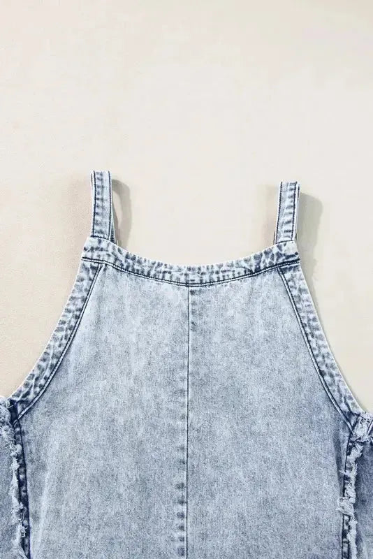 Beau Blue Light Wash Frayed Exposed Seam Wide Leg Denim Overall - Fashionfitz