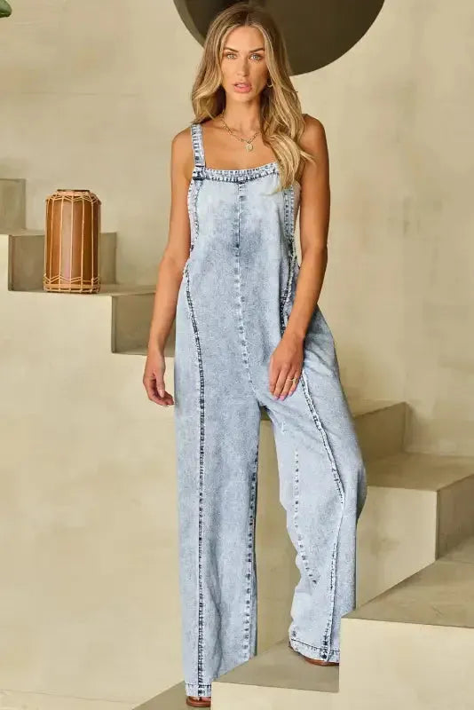 Beau Blue Light Wash Frayed Exposed Seam Wide Leg Denim Overall - Fashionfitz